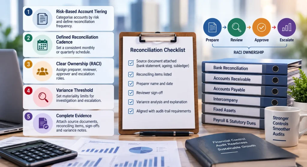 Audit-ready reconciliation framework with RACI ownership, variance thresholds, review controls, and audit evidence checklist-SGGK